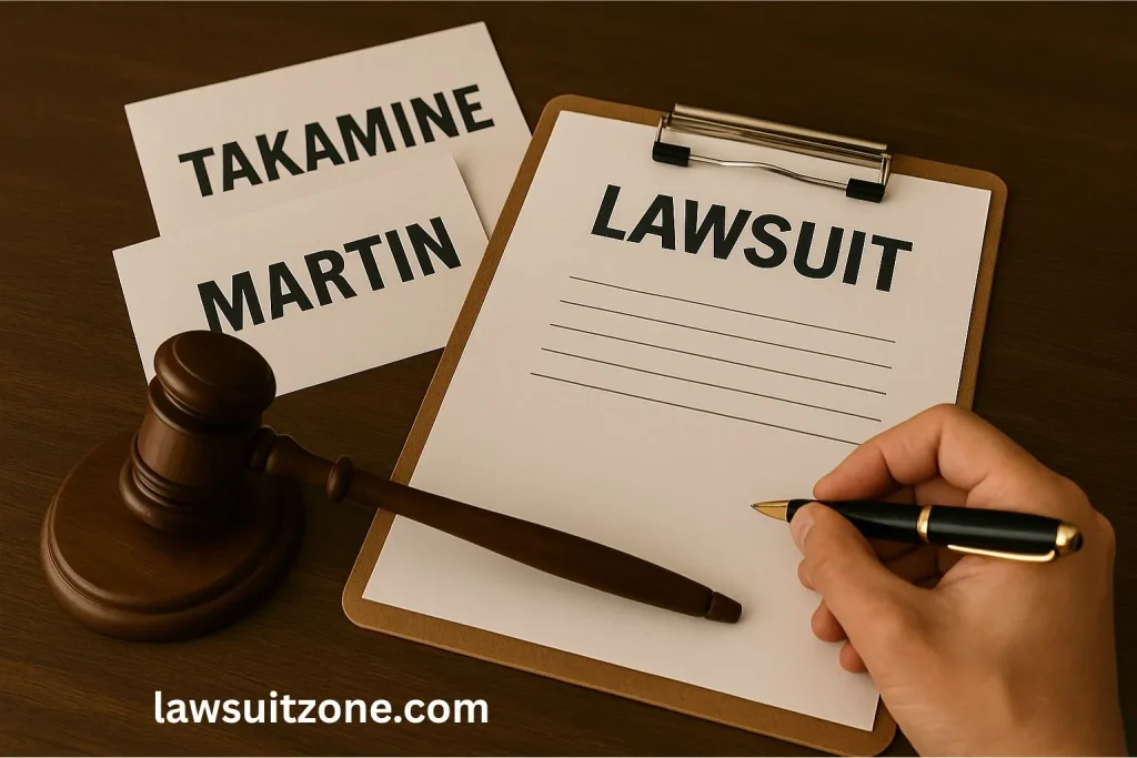 Close-up of legal documents labeled “Guitar Lawsuit Case Files” placed next to an acoustic guitar on a wooden table.