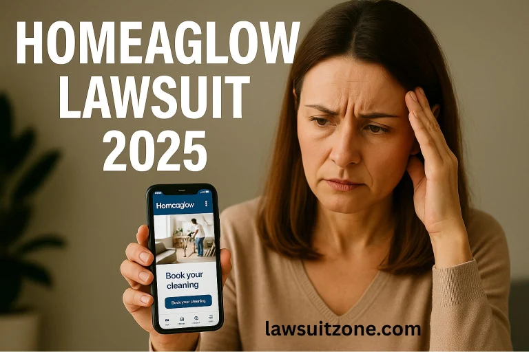 Frustrated woman holding smartphone with Homeaglow app open, sitting at a kitchen table with legal papers, symbolizing Homeaglow lawsuit controversy.