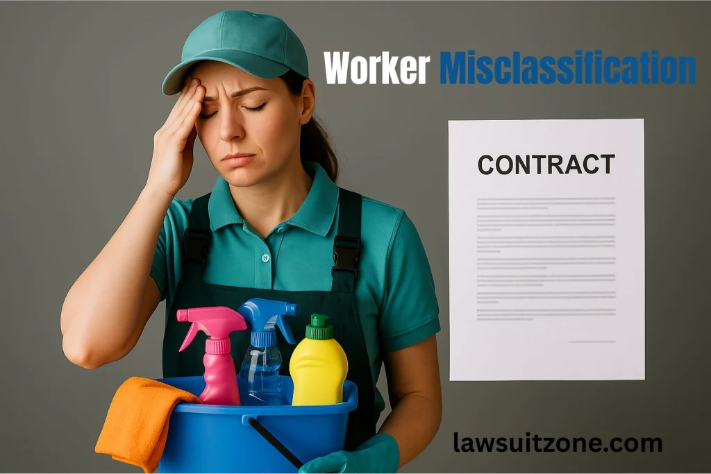 Tired cleaner in uniform holding cleaning supplies beside a contract document, representing worker misclassification in the Homeaglow lawsuit.