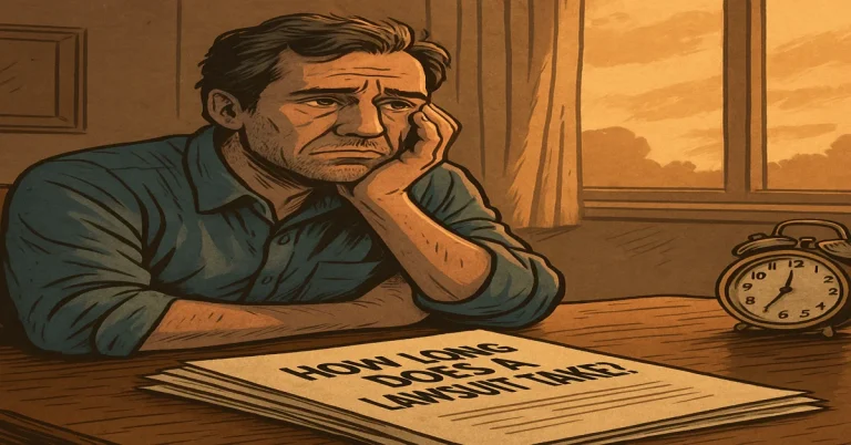 Concerned man sitting with lawsuit documents and a clock on the table, symbolizing the waiting time and uncertainty in legal cases, branded with lawsuitzone.com.