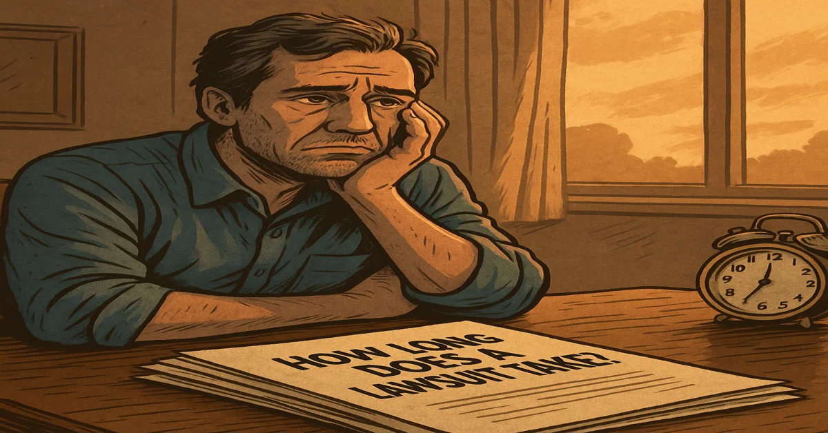 Concerned man sitting with lawsuit documents and a clock on the table, symbolizing the waiting time and uncertainty in legal cases, branded with lawsuitzone.com.
