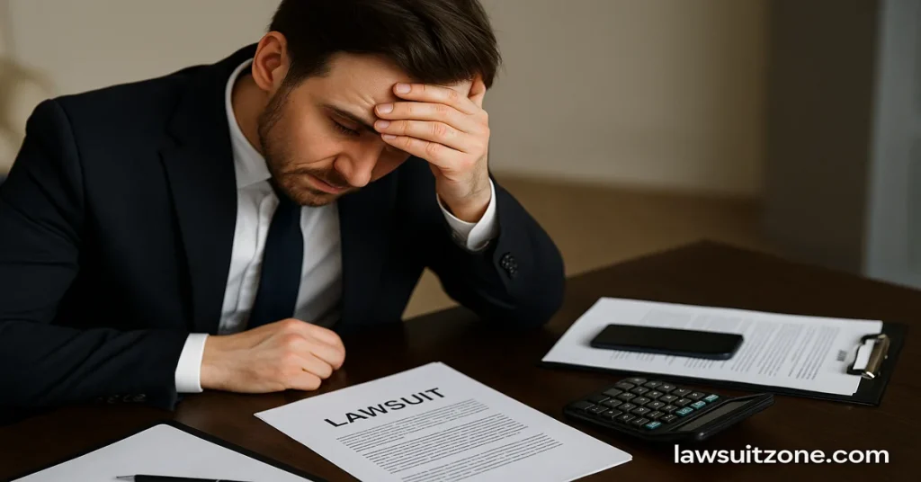 Stressed man reviewing lawsuit documents with calculator and phone on desk, symbolizing the financial and emotional toll of long lawsuits, branded with lawsuitzone.com.