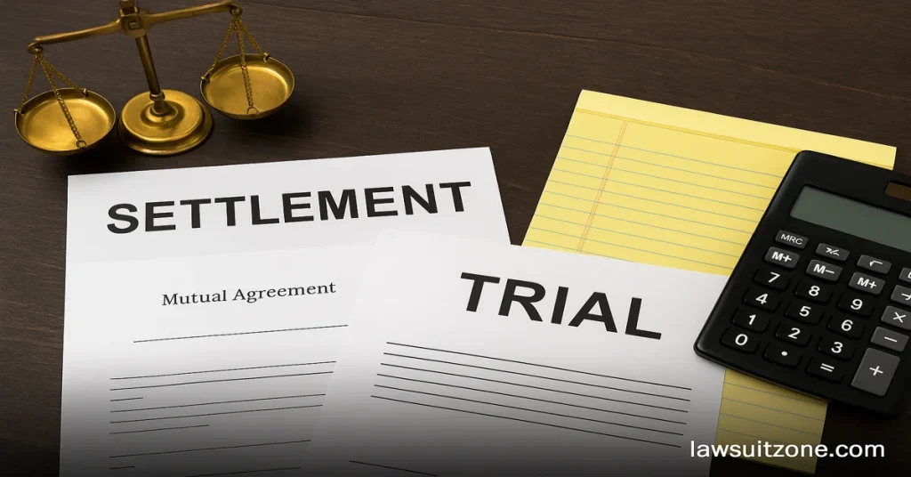 Documents labeled Settlement and Trial with scales of justice and calculator on desk, symbolizing the choice between settlement and trial, branded with lawsuitzone.com.