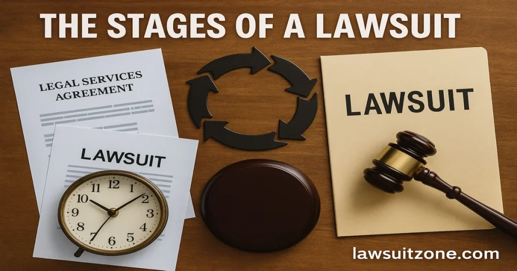 Flat lay of lawsuit documents, gavel, and a clock on a wooden desk with cycle arrows, symbolizing the stages and time involved in lawsuits, branded with lawsuitzone.com.