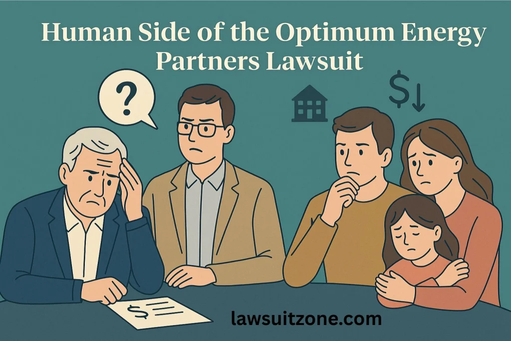 Illustration showing worried investors and a family discussing the Optimum Energy Partners lawsuit, symbolizing financial stress, trust issues, and emotional impact.