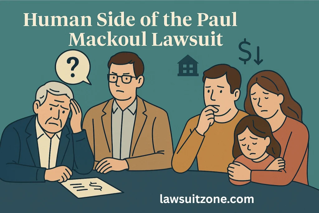 Illustration showing families and individuals affected by the Paul Mackoul lawsuit, highlighting the emotional and financial stress behind medical legal battles.