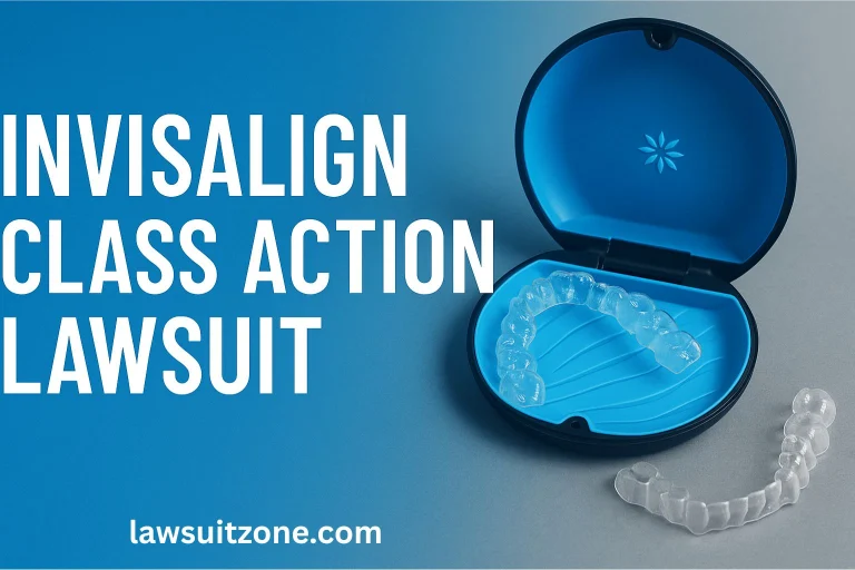Clear Invisalign aligner case with aligners and bold text showing “Invisalign Class Action Lawsuit.”