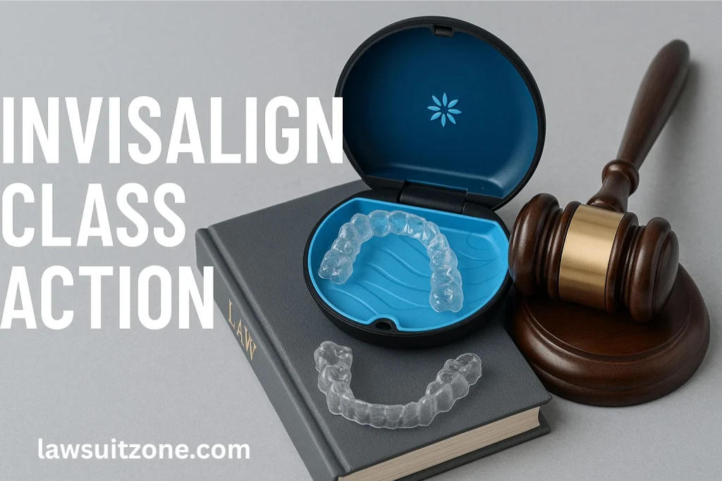 Invisalign clear aligners case placed on a law book with gavel, representing patients’ financial burden in class action lawsuit.