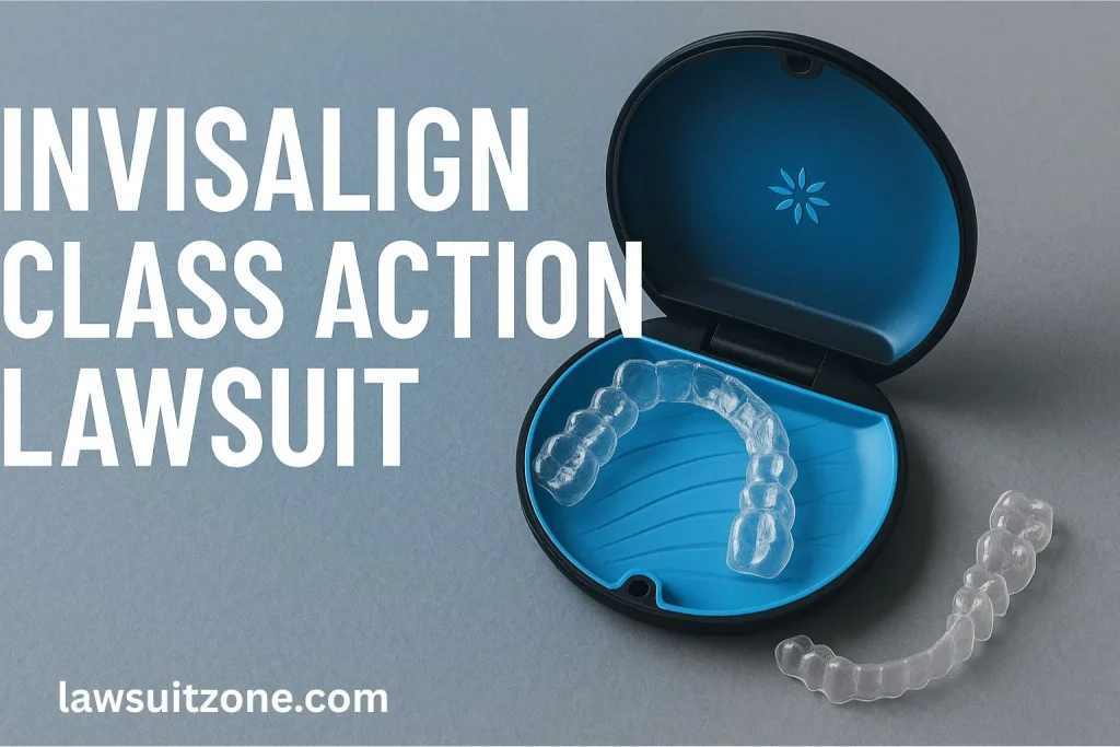 Invisalign aligners in a case with bold lawsuit text, symbolizing possible outcomes of the Invisalign class action lawsuit.