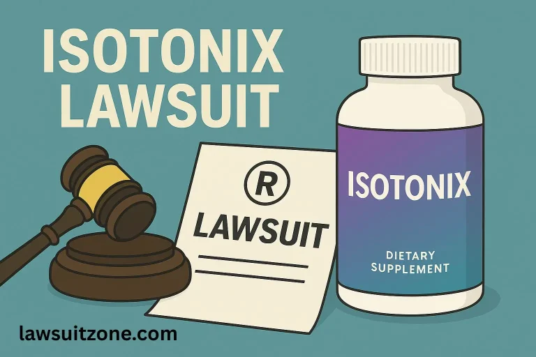 Illustration of an Isotonix supplement bottle with a judge’s gavel and legal document labeled “lawsuit,” symbolizing the Isotonix lawsuit.