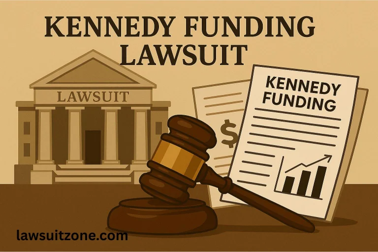 Illustration of a gavel, courthouse steps, and financial documents representing the Kennedy Funding lawsuit in private lending.
