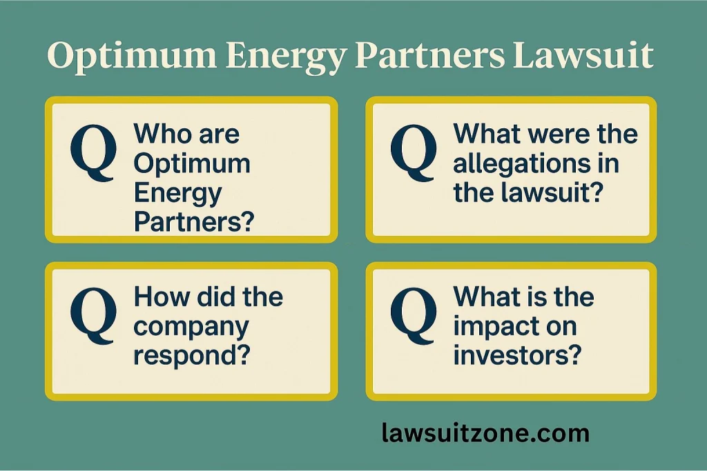 Infographic with four FAQ boxes asking: Who are Optimum Energy Partners? What were the allegations in the lawsuit? How did the company respond? What is the impact on investors?