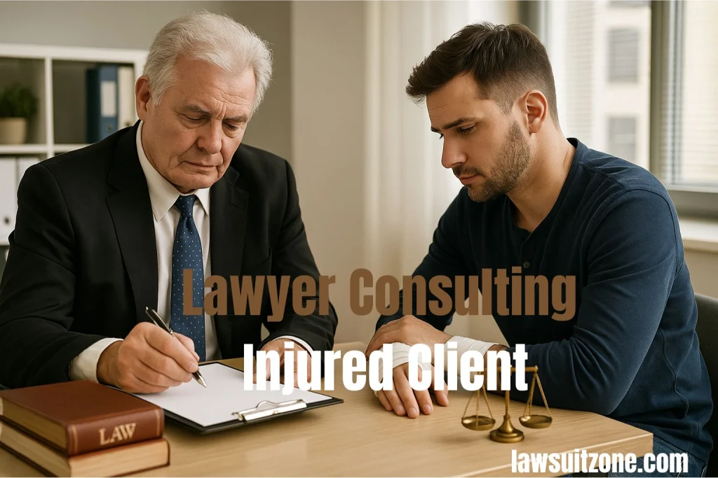 Older lawyer in black suit reviewing notes with young client who has a bandaged wrist, symbolizing workplace injury claim discussion.
