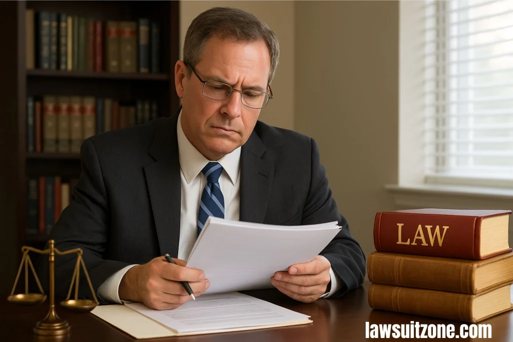Attorney in suit attentively listening to client in modern office with workers’ compensation sign on desk.