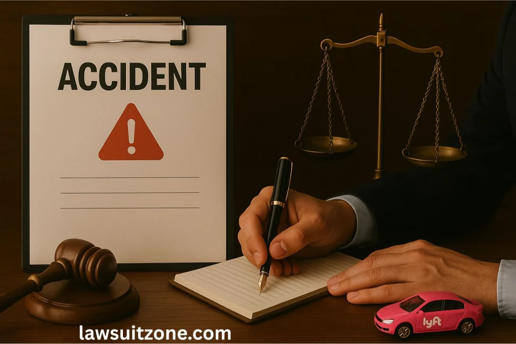 A lawyer writing notes beside a clipboard labeled Accident with a warning sign, a gavel, scales of justice, and a miniature Lyft car, symbolizing legal consultation after a Lyft accident.