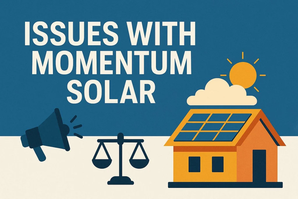 Legal scales and solar home graphic representing Momentum Solar lawsuit allegations