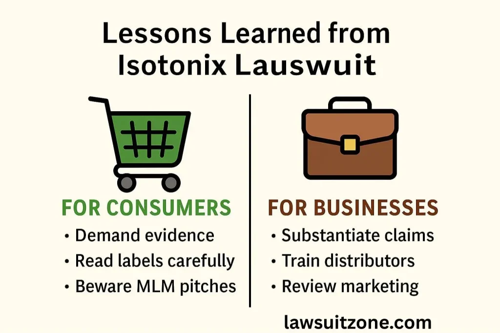 Flat infographic showing key lessons from the Isotonix lawsuit, with tips for consumers like demanding evidence and avoiding MLM pitches, and advice for businesses on substantiating claims, training distributors, and reviewing marketing practices.