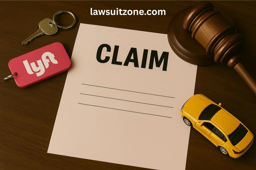 A Lyft-branded keychain, gavel, and toy car placed beside a legal document titled Claim, symbolizing the process of filing accident claims against Lyft.