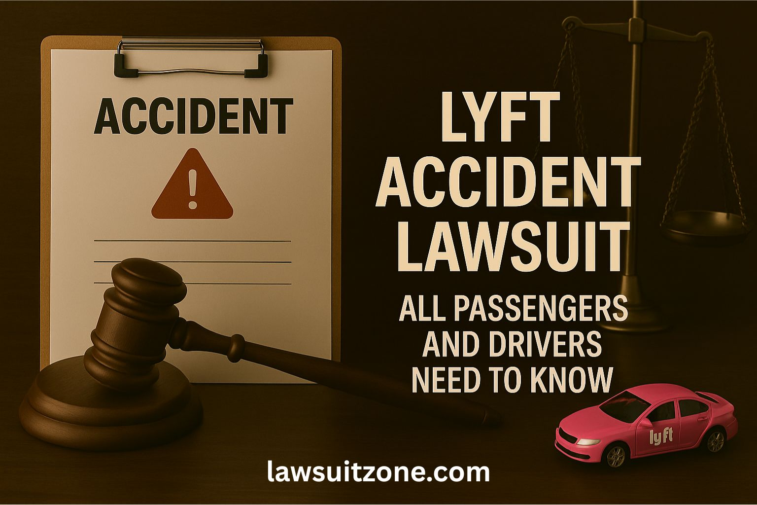 A courtroom desk with legal documents titled Lyft Accident Lawsuit, a gavel, and scales of justice symbolizing rideshare legal disputes.
