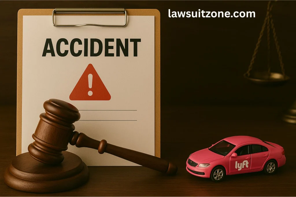 A legal setup with a gavel, a clipboard showing the word Accident with a warning sign, and a miniature pink Lyft car, symbolizing Lyft accident lawsuits and legal disputes.