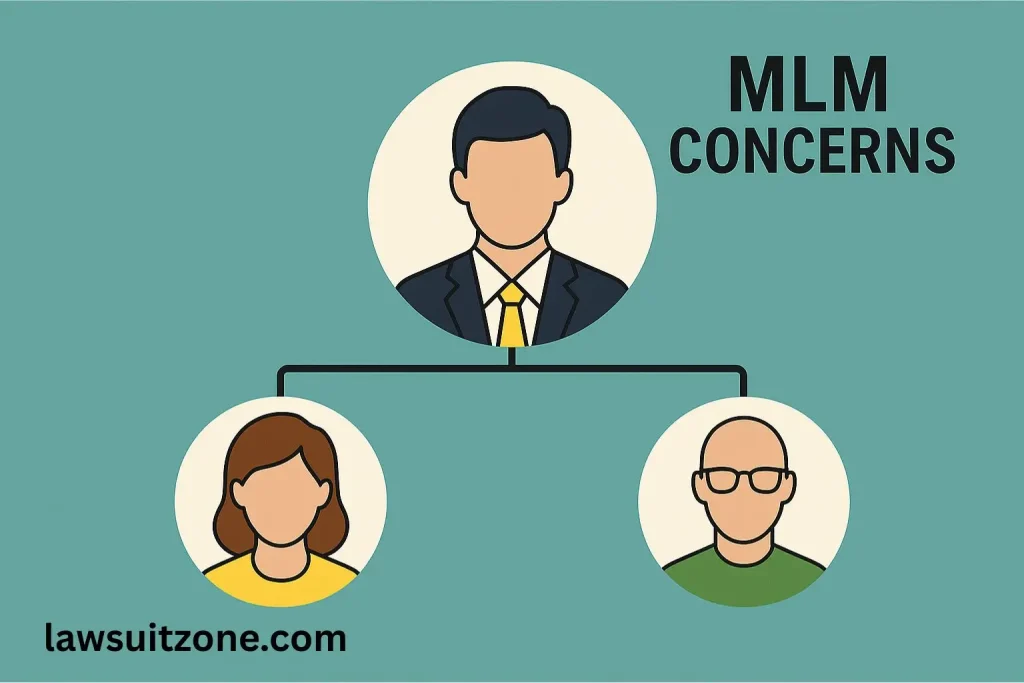 Flat-style illustration showing a pyramid-like MLM structure with one leader at the top and two recruits below, symbolizing concerns raised in the Symmetry Financial Group lawsuit.
