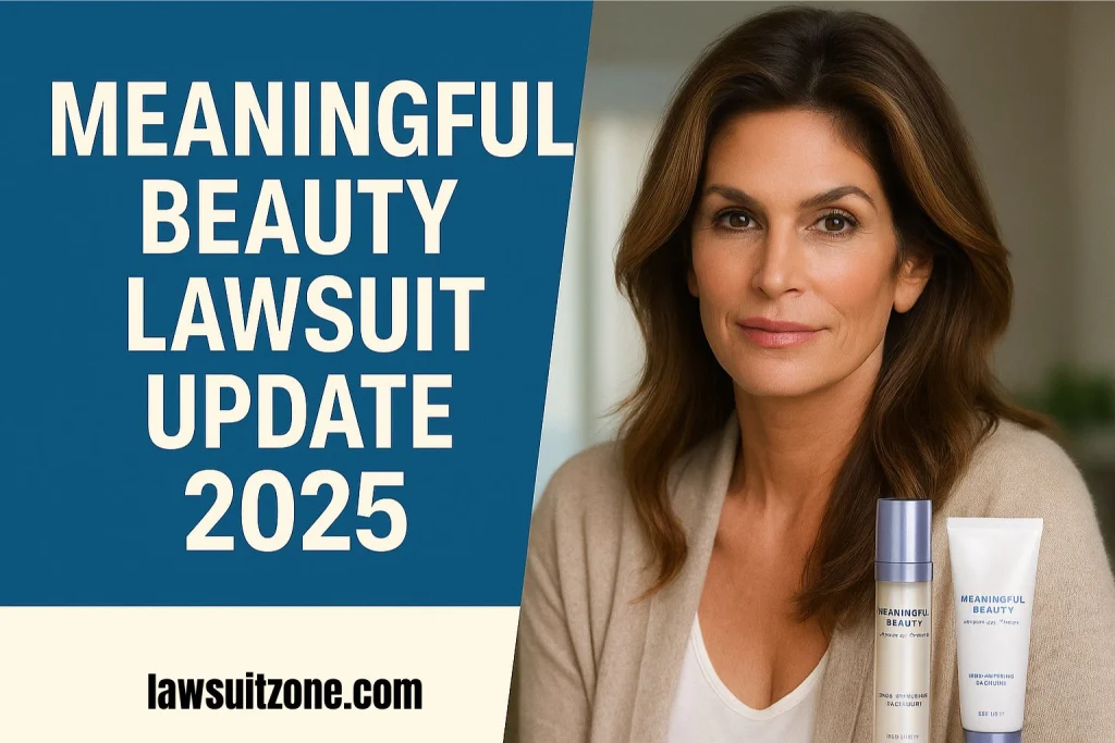 Cindy Crawford with Meaningful Beauty products beside her, highlighting the 2025 update of the Meaningful Beauty lawsuit and ongoing consumer concerns.