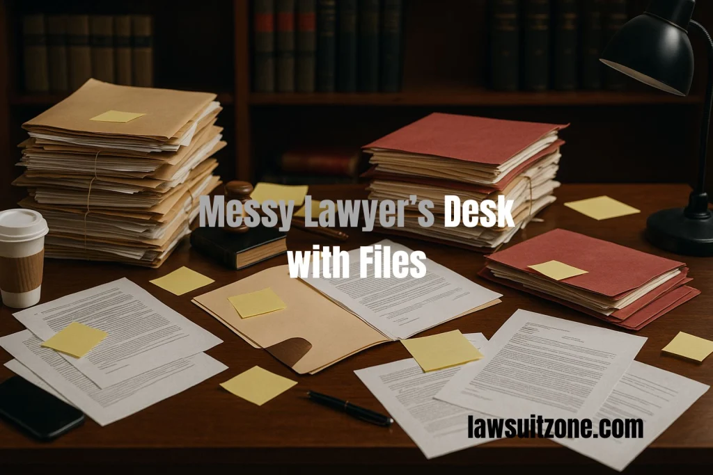 Cluttered lawyer desk with piles of files, sticky notes, and coffee cup symbolizing disorganized legal practice.