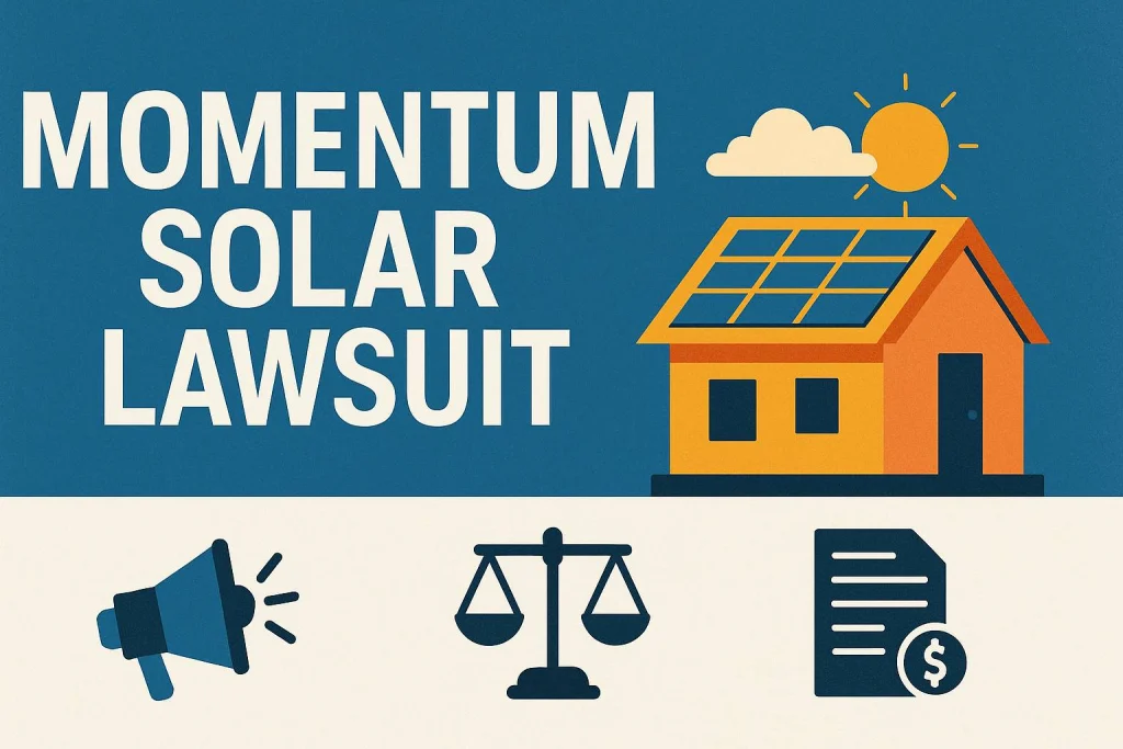 Momentum Solar lawsuit illustration showing solar panels, law, and consumer protection issues