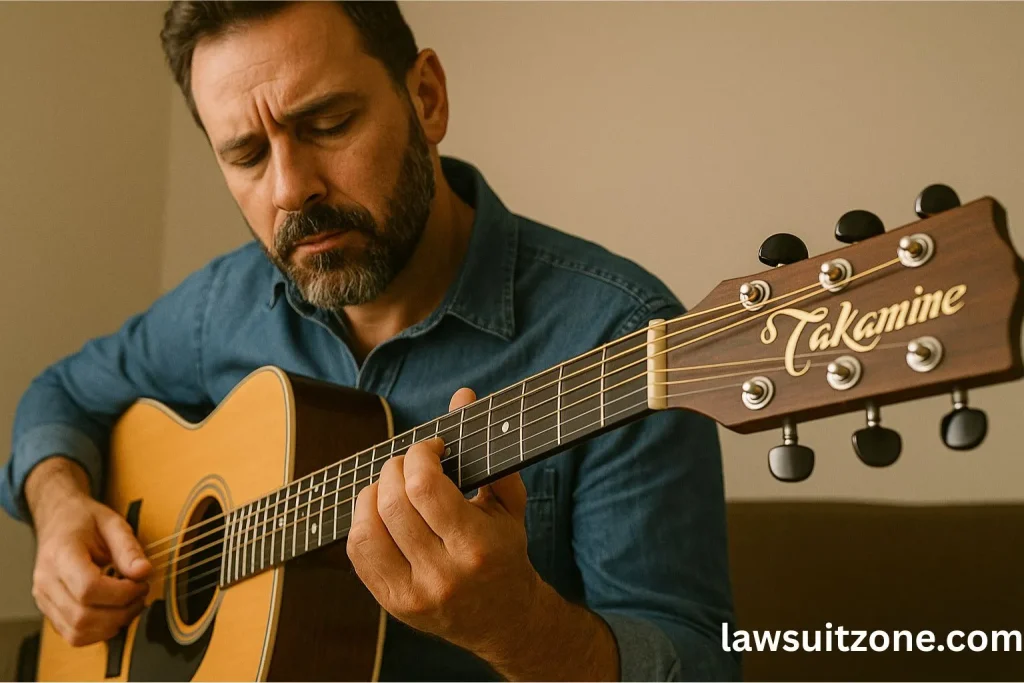 Realistic photo of a man in a denim shirt playing a Takamine acoustic guitar, focusing on the guitar’s headstock and strings.