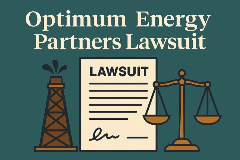 Digital graphic showing an oil rig, a lawsuit document, and scales of justice, symbolizing the Optimum Energy Partners lawsuit