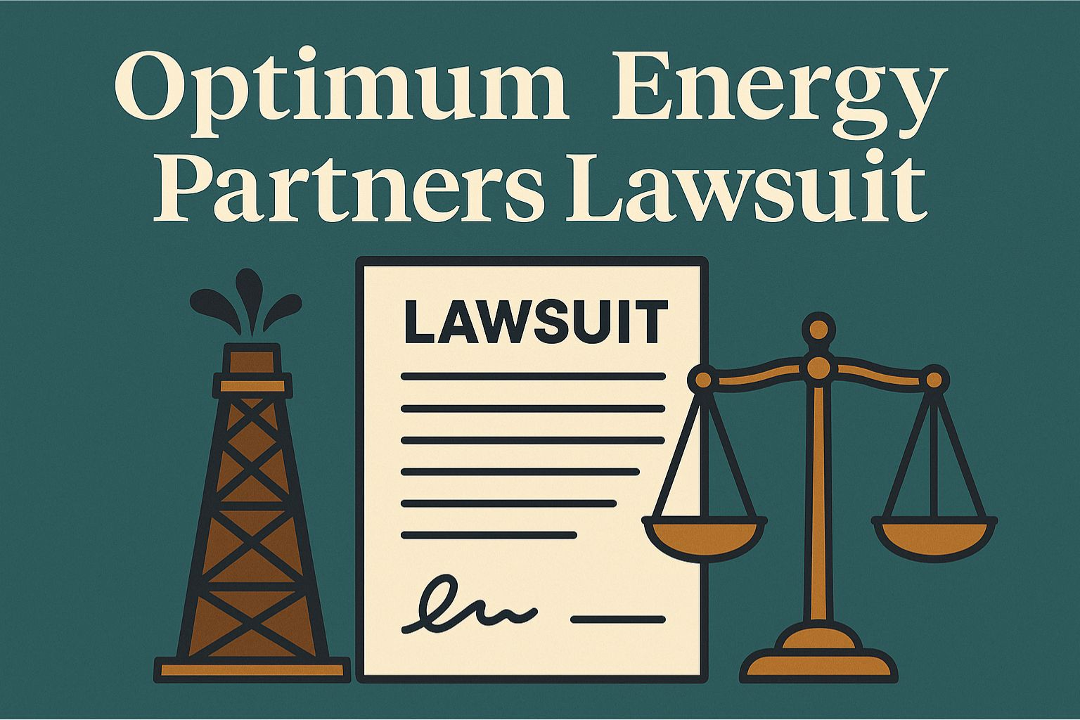 Digital graphic showing an oil rig, a lawsuit document, and scales of justice, symbolizing the Optimum Energy Partners lawsuit