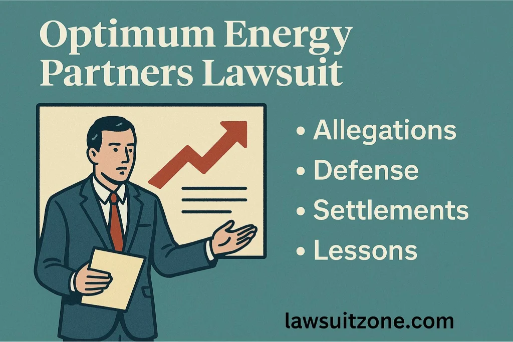 Illustration of a businessman presenting a chart with a rising arrow, alongside text listing key lawsuit aspects: allegations, defense, settlements, lessons.