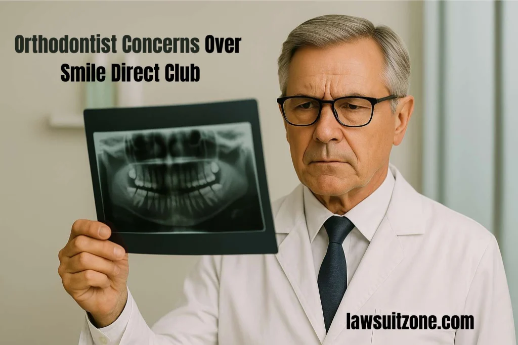 Dentist reviewing dental X-ray with Smile Direct Club aligner kit on desk, highlighting safety concerns in telehealth dentistry.