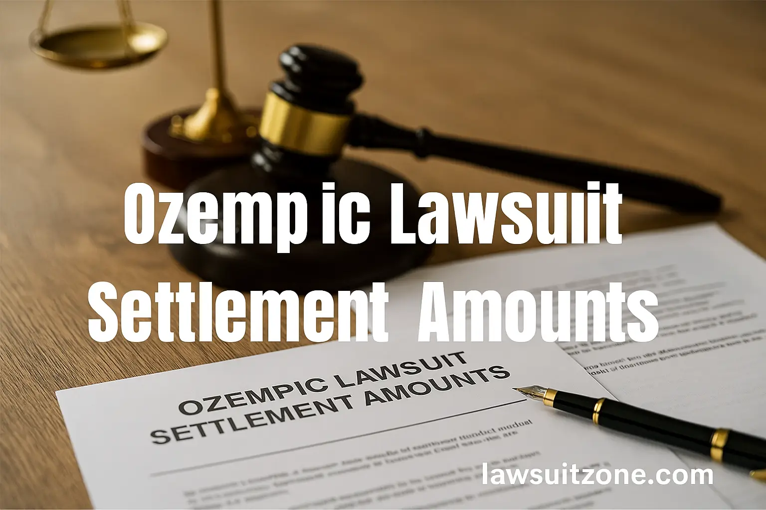 Legal documents titled Ozempic Lawsuit Settlement Amounts with a gavel, scales of justice, and a fountain pen on a wooden desk, symbolizing lawsuit settlements.