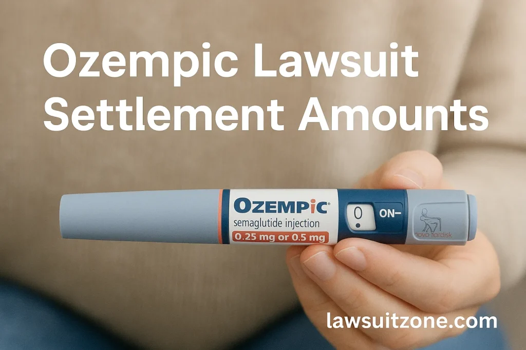 Close-up of a hand holding an Ozempic injection pen with text highlighting lawsuit settlement amounts, symbolizing drug-related legal cases.