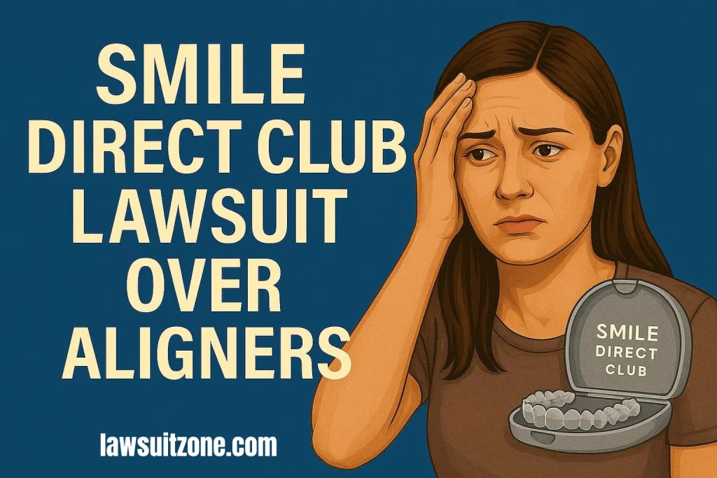 Frustrated patient with Smile Direct Club aligner kit and unpaid bill, representing refund and treatment issues.