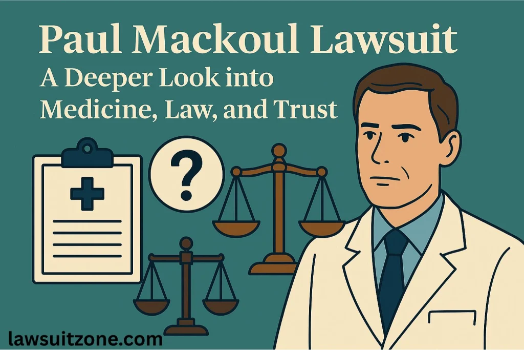 Digital illustration showing a balance scale and medical report icons, symbolizing the legal allegations and defense in the Paul Mackoul lawsuit.