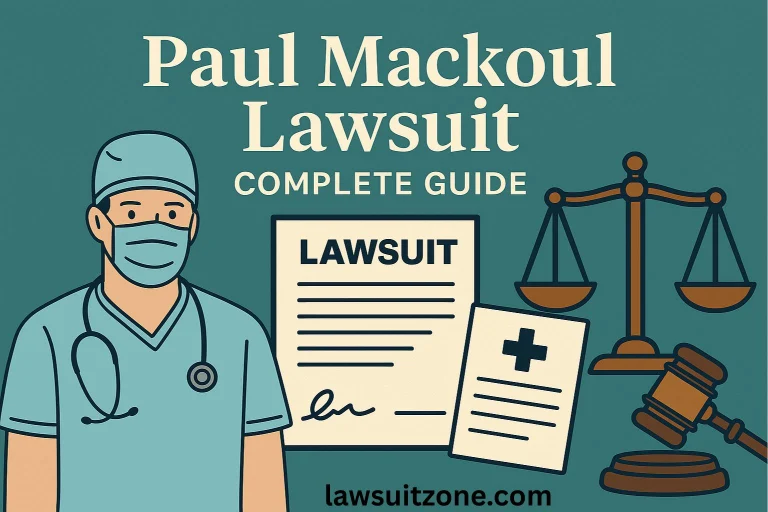 Flat-style digital illustration with lawsuit documents, gavel, and medical icons representing the Paul Mackoul lawsuit and its impact on patients and healthcare.