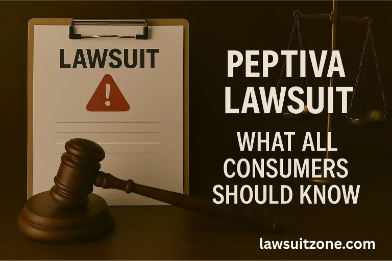 Realistic photo of a courtroom desk with a clipboard labeled “Peptiva Lawsuit,” a judge’s gavel, and scales of justice, symbolizing supplement industry accountability.