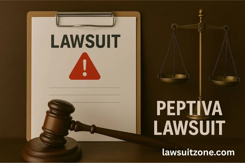 Realistic photo of a Peptiva supplement bottle beside a legal document marked “Lawsuit” with a gavel, symbolizing conflict between supplement marketing and law.