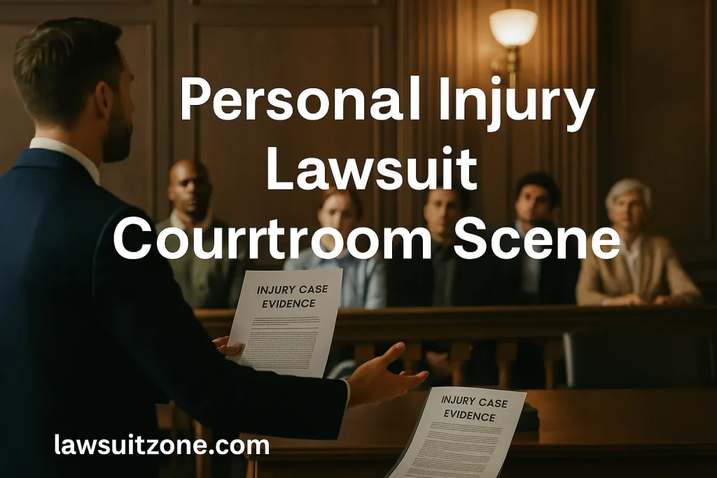 Attorney presenting evidence in a courtroom, symbolizing trial proceedings in personal injury lawsuits, with lawsuitzone.com watermark.