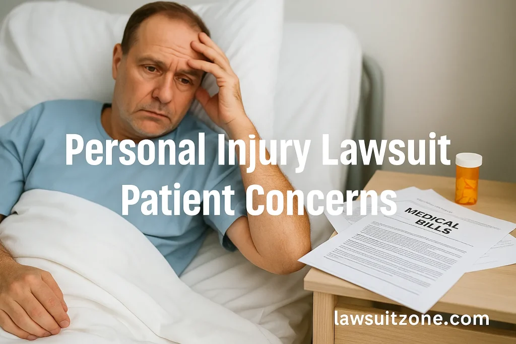 Patient in hospital bed with medical bills and documents nearby, symbolizing real struggles behind personal injury lawsuits, branded with lawsuitzone.com.