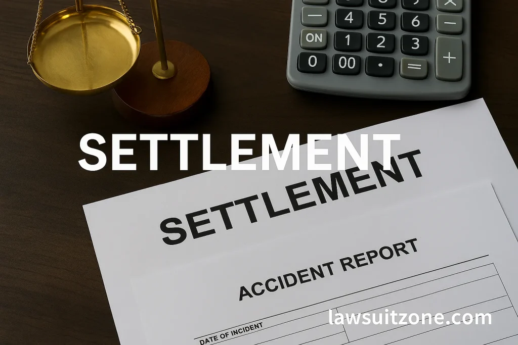 Balance scale, settlement documents, and calculator representing compensation details in personal injury lawsuits, branded with lawsuitzone.com.