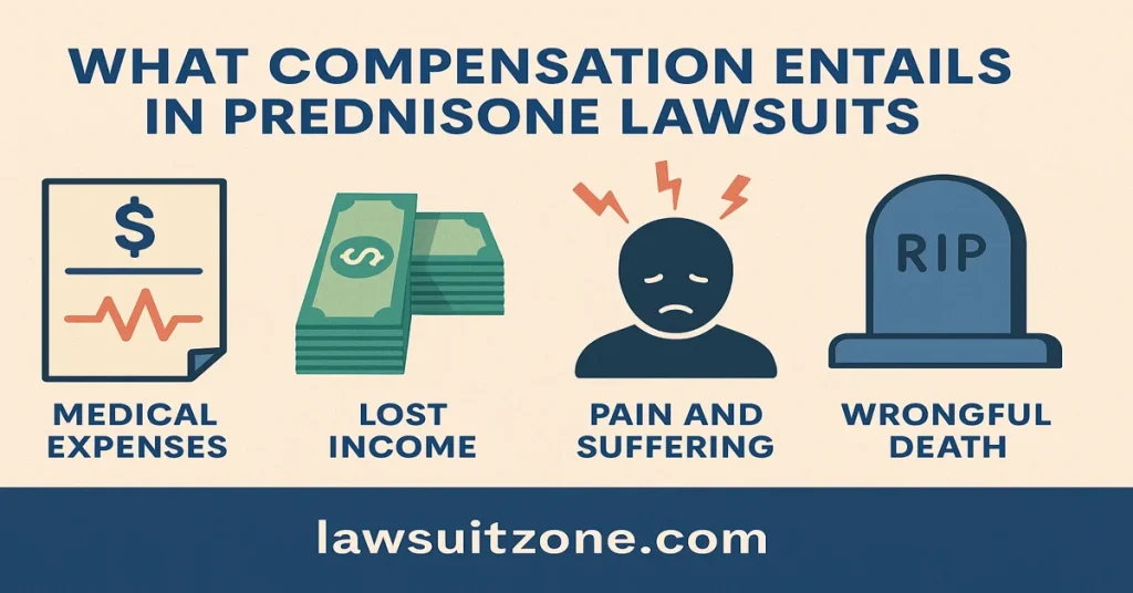 Infographic illustrating compensation in prednisone lawsuits, including medical expenses, lost income, pain and suffering, and wrongful death. Branded with lawsuitzone.com.