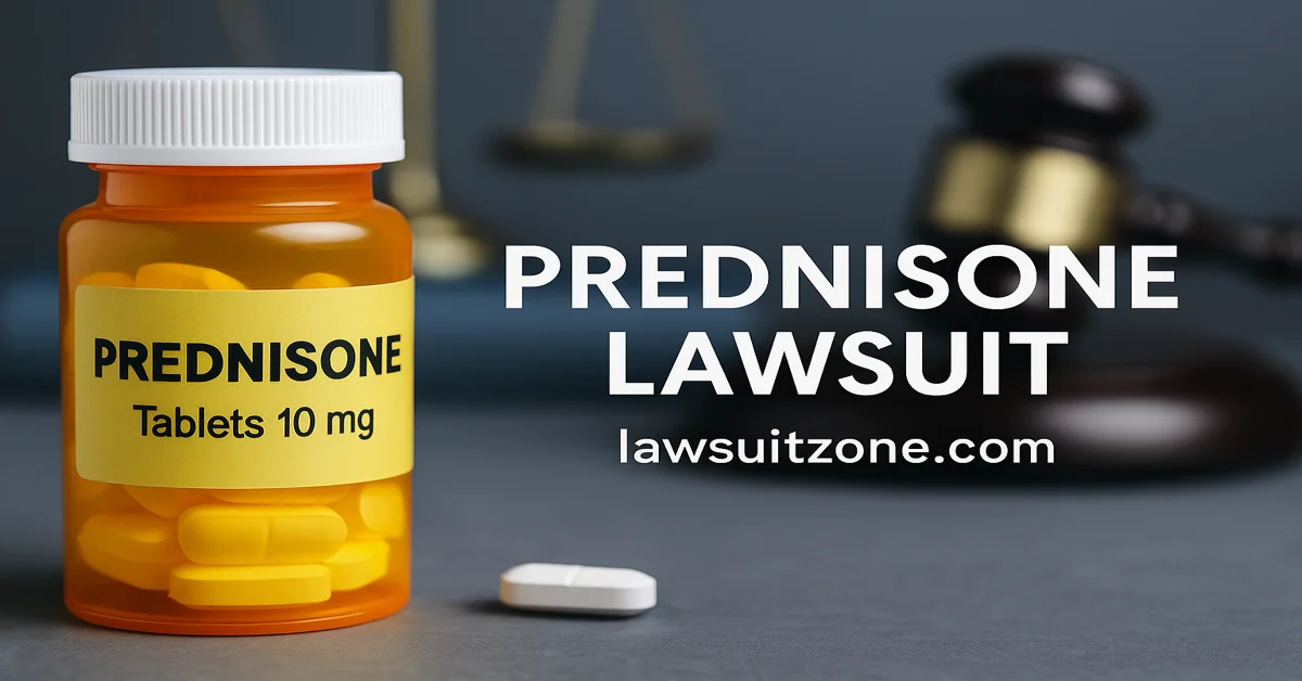 Prednisone pill bottle with tablets beside a gavel and scales of justice in the background, with bold text “Prednisone Lawsuit” and watermark lawsuitzone.com.