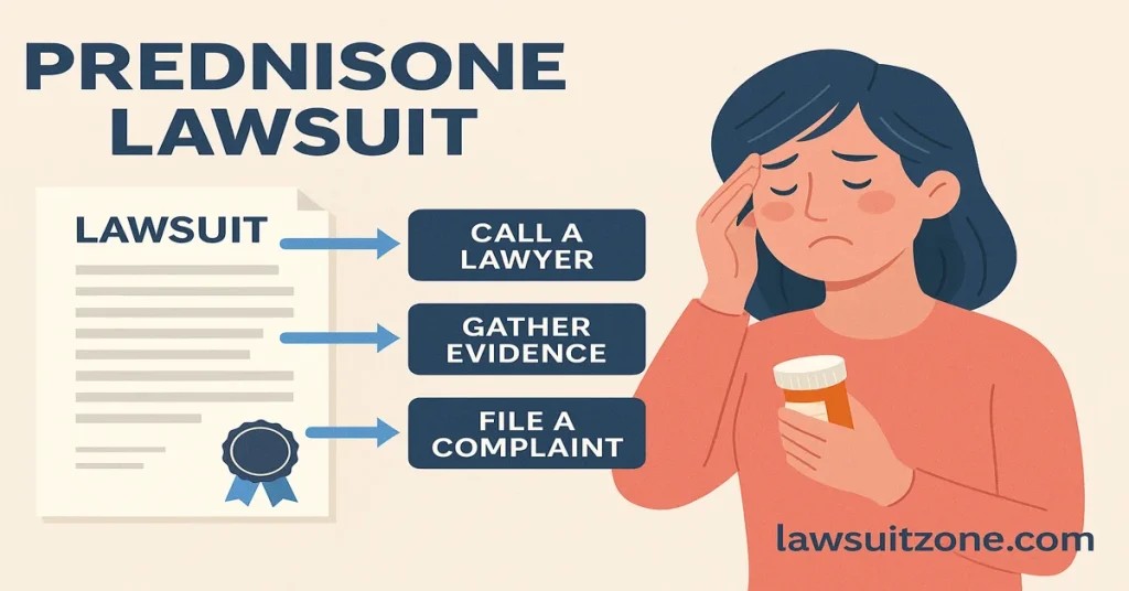 Infographic showing the prednisone lawsuit process: call a lawyer, gather evidence, and file a complaint, with a distressed patient holding a pill bottle. Watermark lawsuitzone.com.