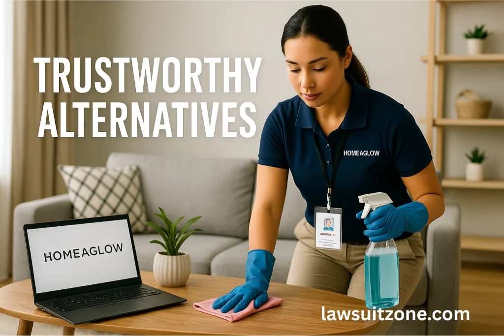 A professional cleaner in branded uniform with gloves and ID badge cleaning a modern living room, representing safer and trustworthy alternatives to Homeaglow services.