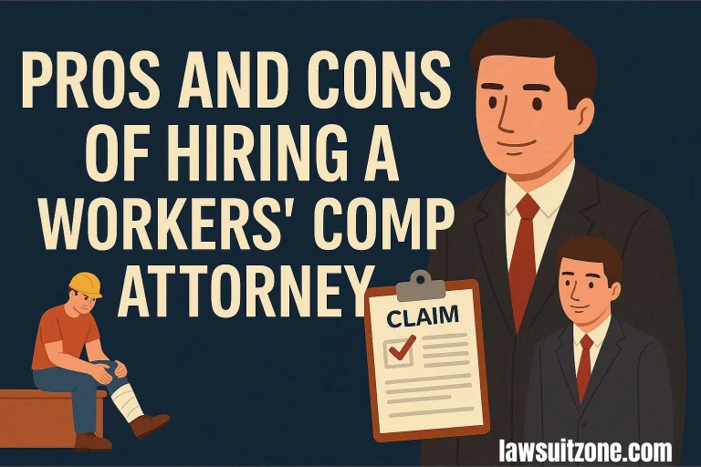 Illustration showing text “Pros and Cons of Hiring a Workers’ Comp Attorney” with an injured worker, a lawyer in suit, and a claim form clipboard.