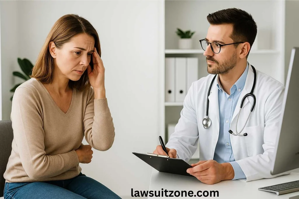 Female patient looking concerned while consulting with a doctor holding a clipboard in a modern clinic office, representing QC Kinetix patient experiences.