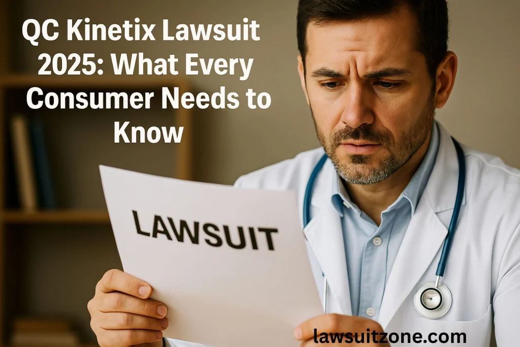 Male doctor in white coat reading a lawsuit document with serious expression, symbolizing QC Kinetix lawsuit and consumer concerns in healthcare.